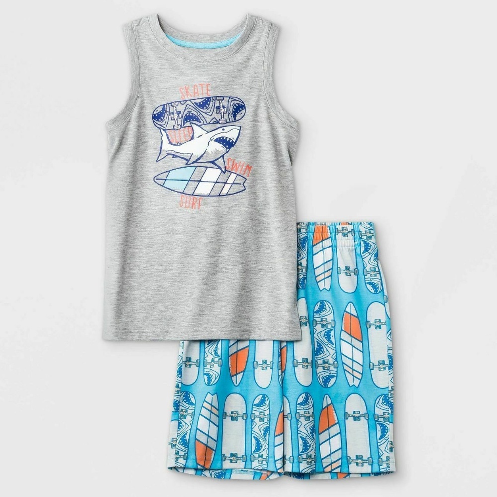 Boys Cat & Jack 2pc Shark Pajama Set Gray/Blue XS NWT